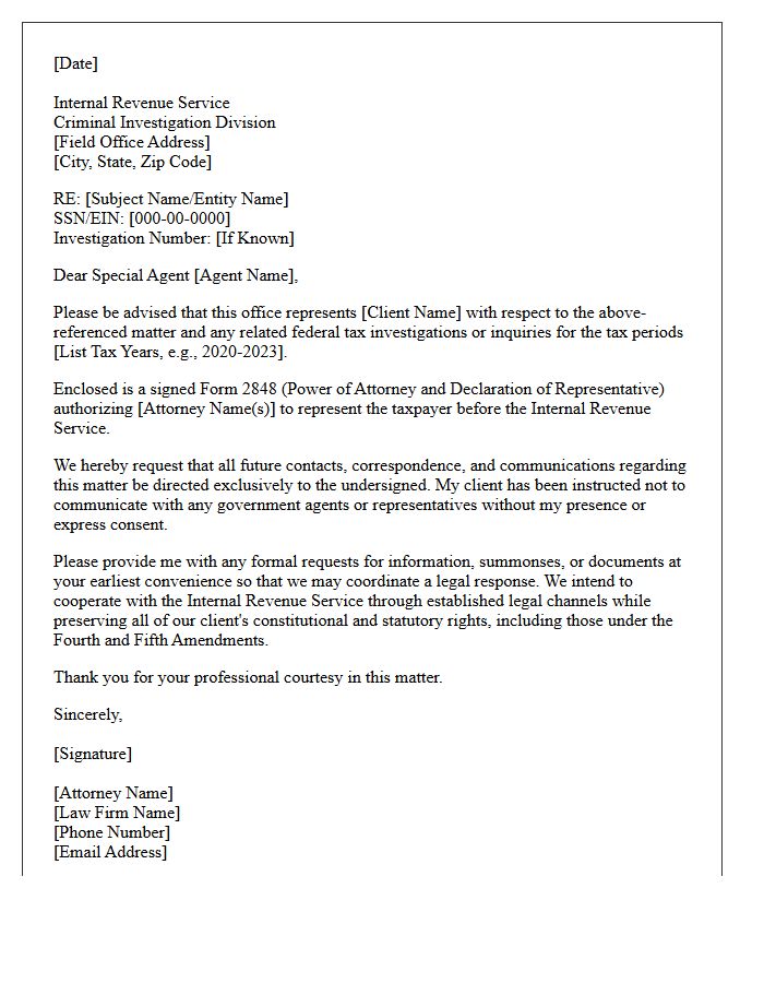 Letter of Representation to the Internal Revenue Service Concerning Criminal Tax Investigations