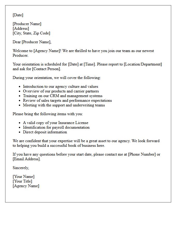 Orientation Welcome Letter for a New Producer Joining the Agency