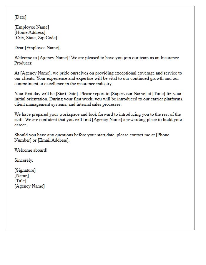Corporate Welcome Letter for the New Insurance Agency Producer