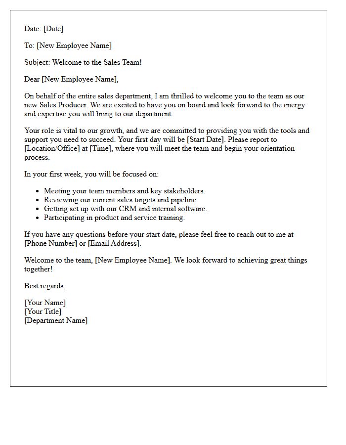 Departmental Welcome Letter for a New Producer on the Sales Team