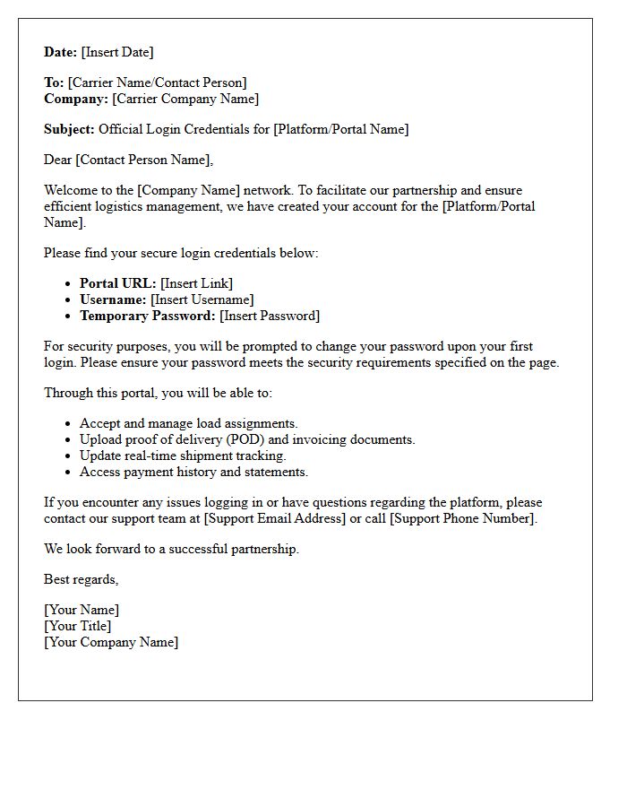 Carrier Login Credentials Notification Letter