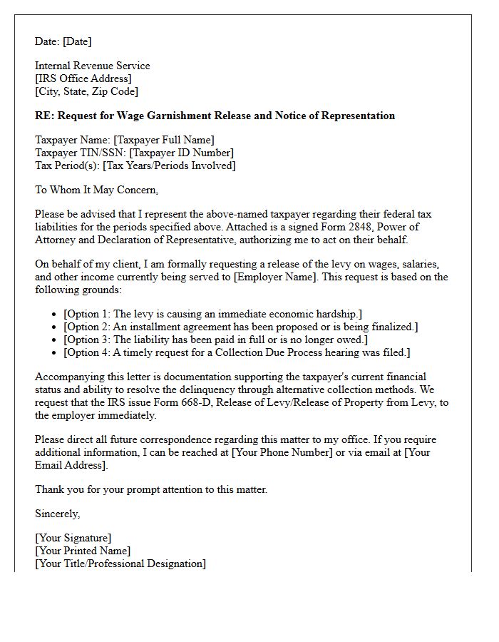 Letter of Representation to the Internal Revenue Service for Wage Garnishment Releases