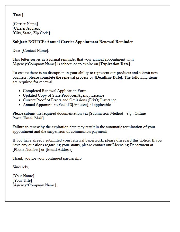 Annual Carrier Appointment Renewal Reminder Letter