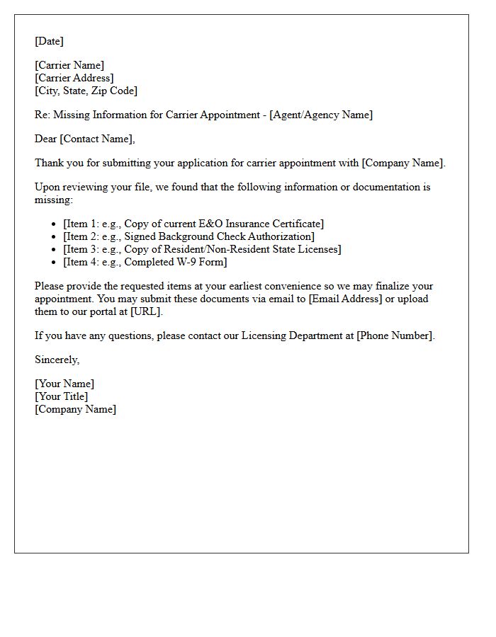 Missing Information for Carrier Appointment Letter