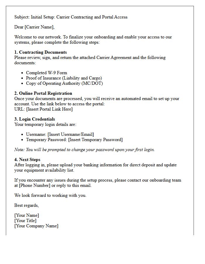 Initial Carrier Contracting and Login Setup Letter