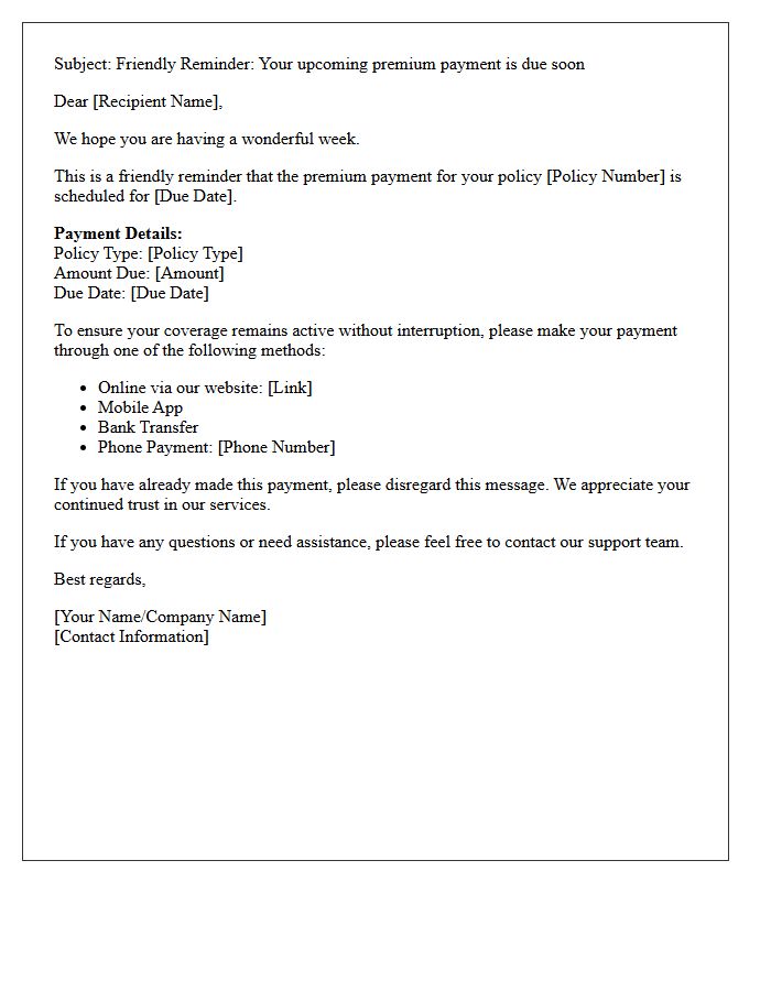 Friendly Upcoming Premium Payment Reminder Letter
