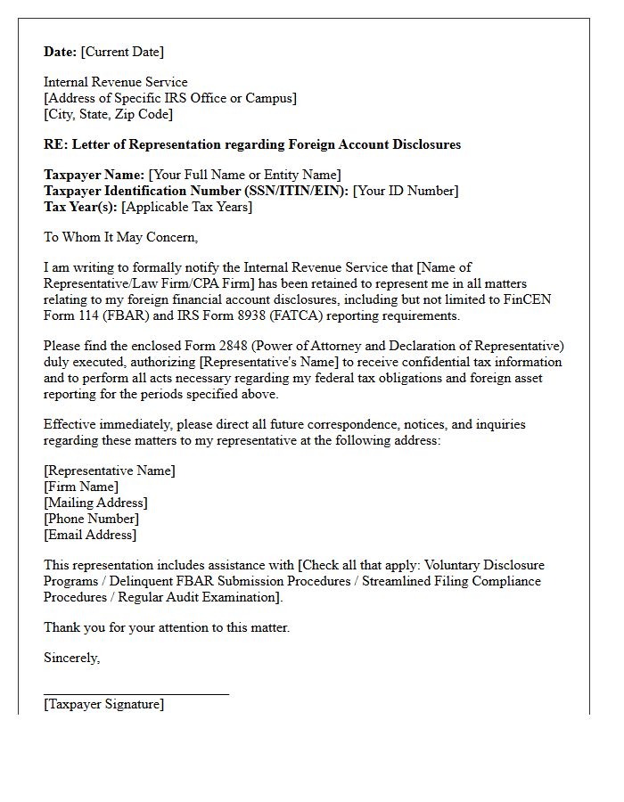 Letter of Representation to the Internal Revenue Service Regarding Foreign Account Disclosures