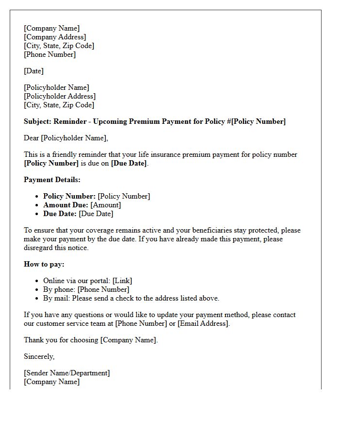 Life Insurance Upcoming Premium Payment Reminder Letter