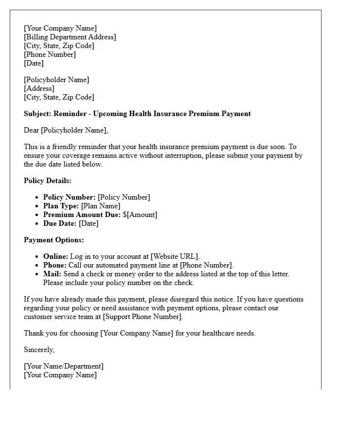 Health Insurance Upcoming Premium Payment Reminder Letter