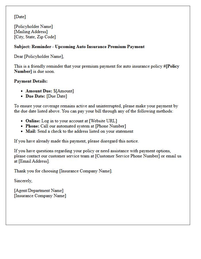 Auto Insurance Upcoming Premium Payment Reminder Letter