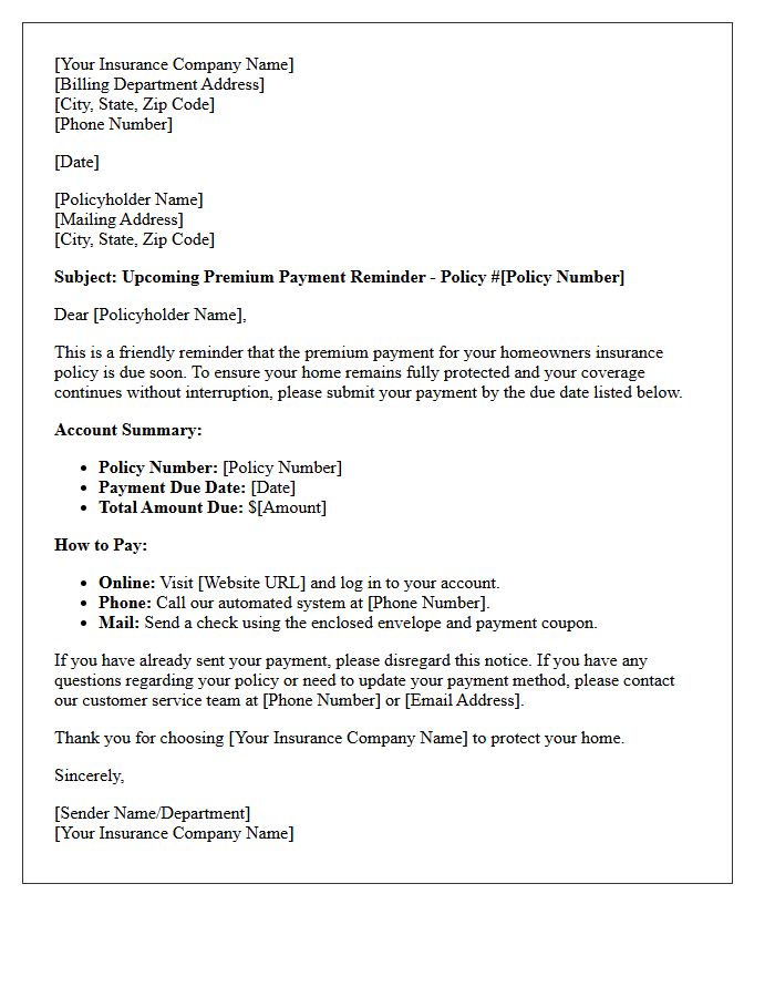 Homeowners Insurance Upcoming Premium Payment Reminder Letter