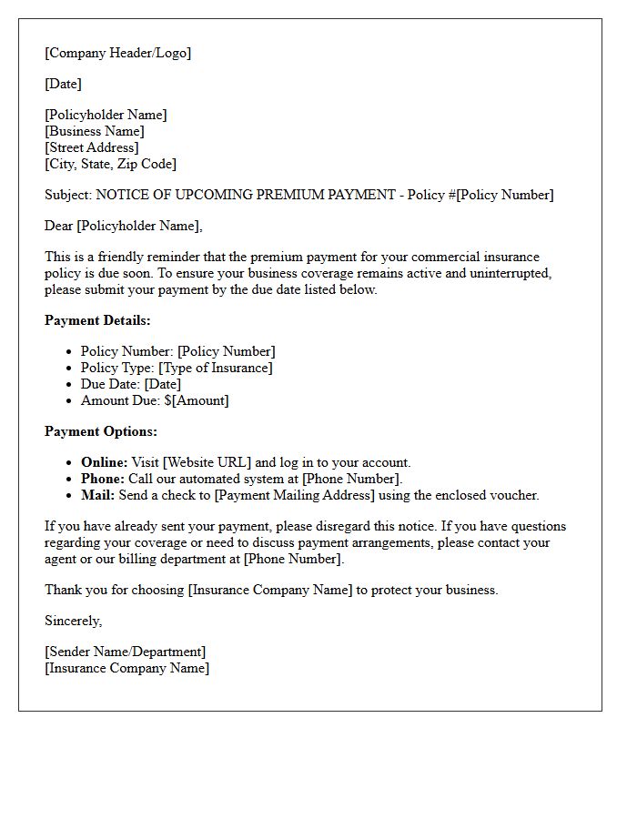 Commercial Business Upcoming Premium Payment Reminder Letter