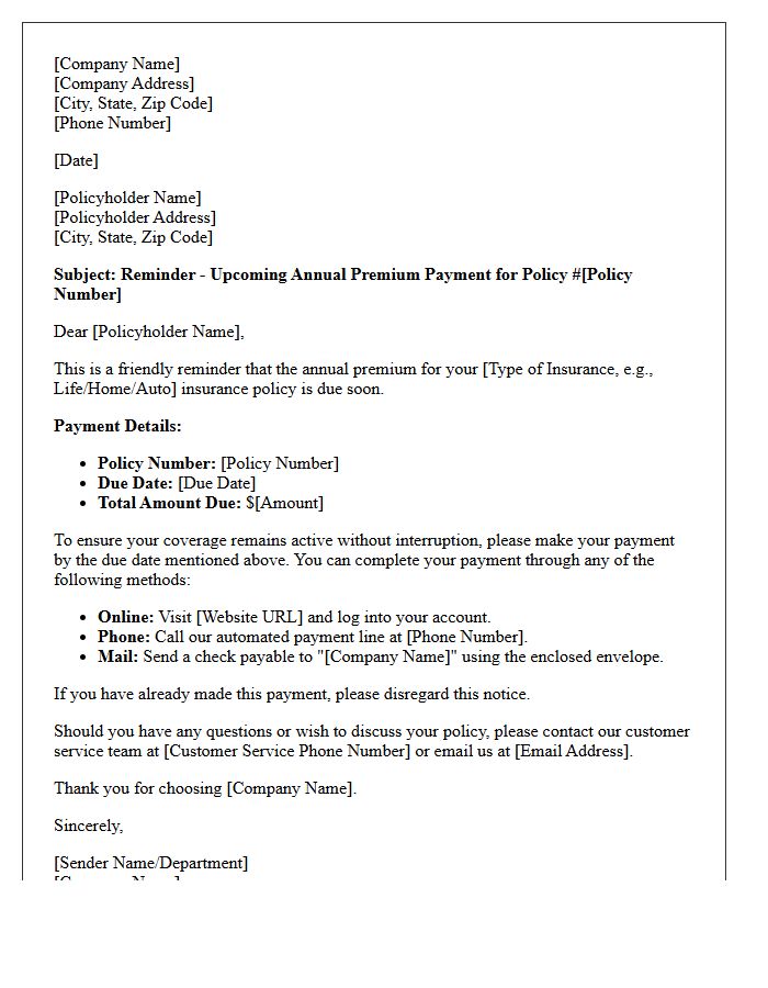 Annual Upcoming Premium Payment Reminder Letter