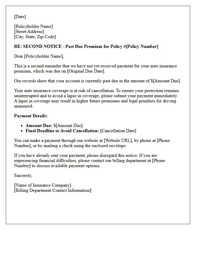 Second Notice of Past Due Auto Insurance Premium Letter