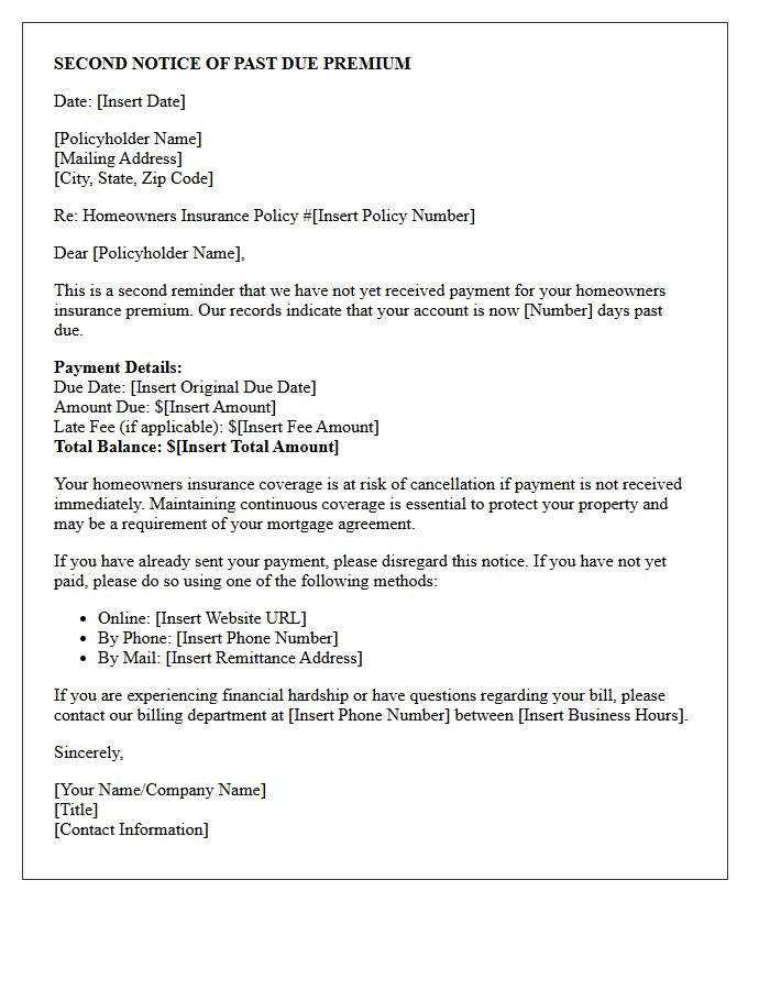 Second Notice of Past Due Homeowners Insurance Premium Letter