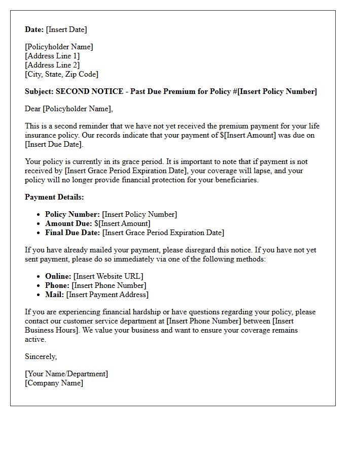 Second Notice of Past Due Life Insurance Premium Letter