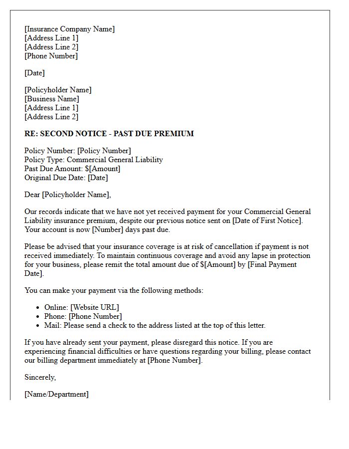 Second Notice of Past Due Commercial Liability Premium Letter