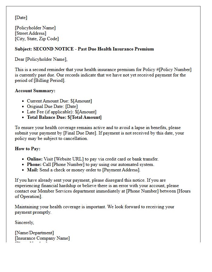 Second Notice of Past Due Health Insurance Premium Letter