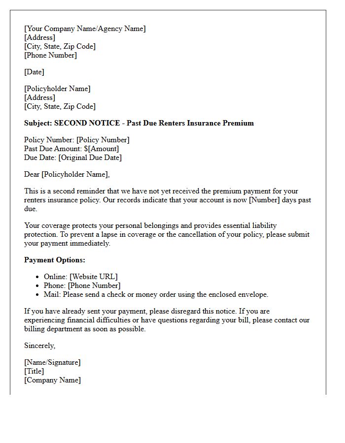 Second Notice of Past Due Renters Insurance Premium Letter