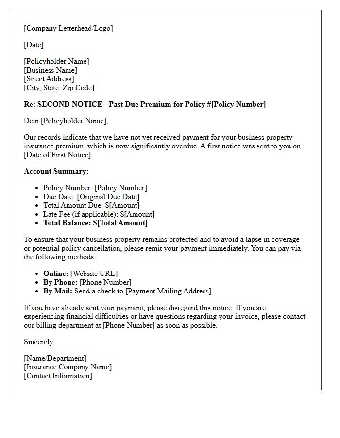 Second Notice of Past Due Business Property Premium Letter