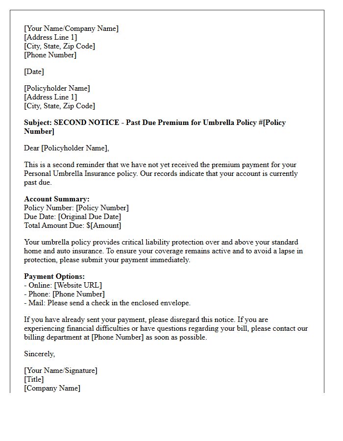 Second Notice of Past Due Umbrella Insurance Premium Letter