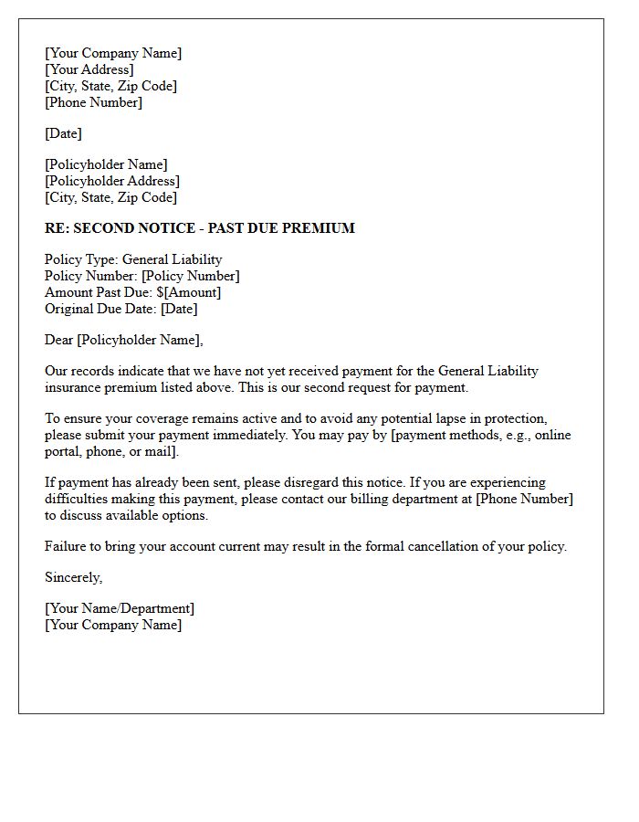 Second Notice of Past Due General Liability Premium Letter