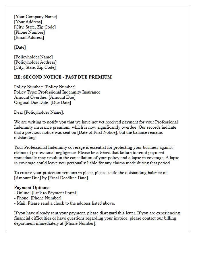 Second Notice of Past Due Professional Indemnity Premium Letter