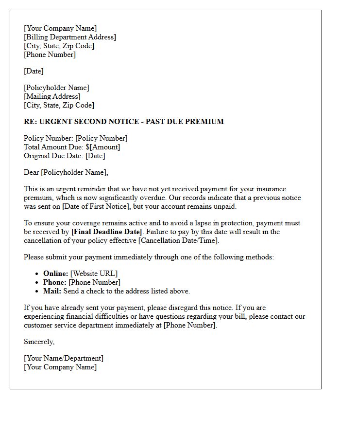 Urgent Second Notice of Past Due Insurance Premium Letter