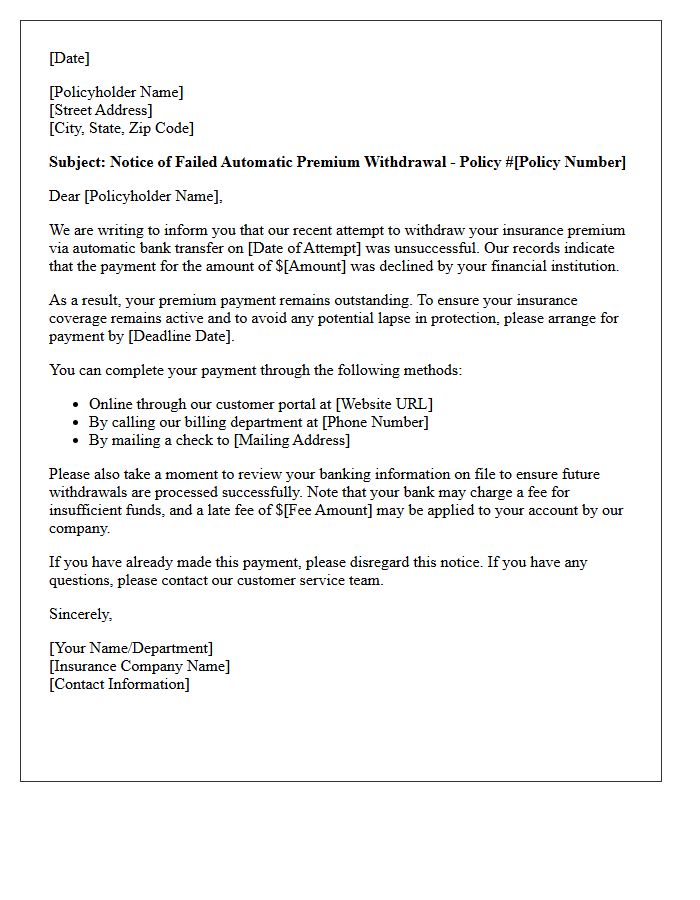 Letter of Notice Regarding Failed Automatic Bank Withdrawal for Insurance Premium