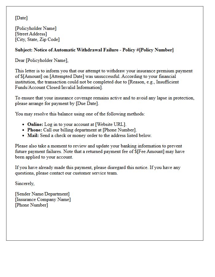 Insurance Premium Automatic Withdrawal Failure Notice Letter