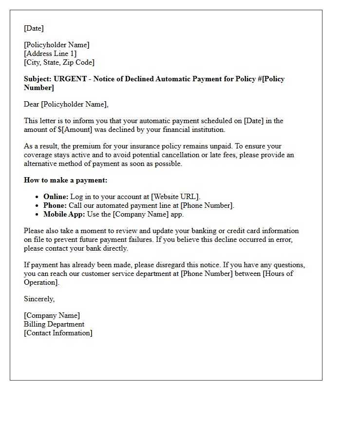 Notice Letter of Declined Automatic Payment for Insurance Account