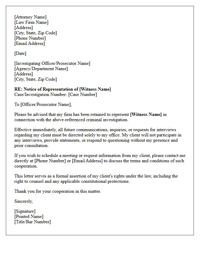 Letter of Representation for a Witness in a Criminal Investigation
