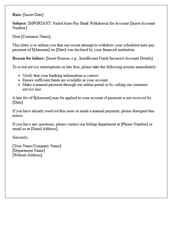 Important Letter Concerning Failed Auto-Pay Bank Withdrawal