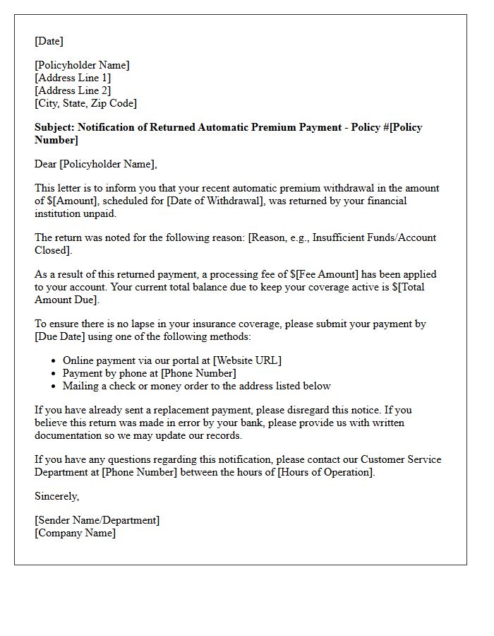 Letter of Notification for Returned Automatic Premium Withdrawal
