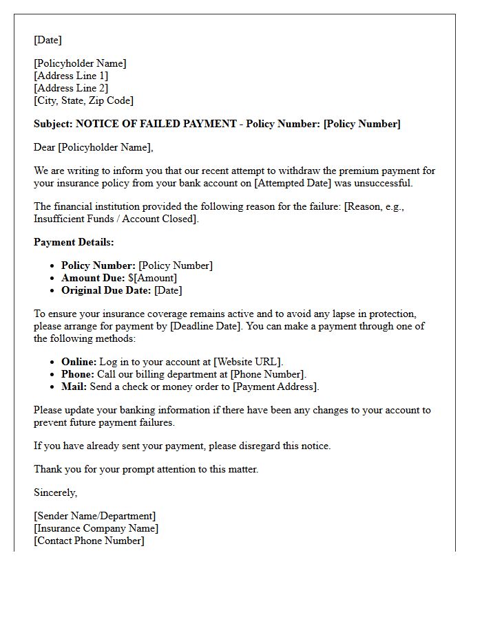 Insurance Policy Payment Letter for Failed Bank Account Withdrawal