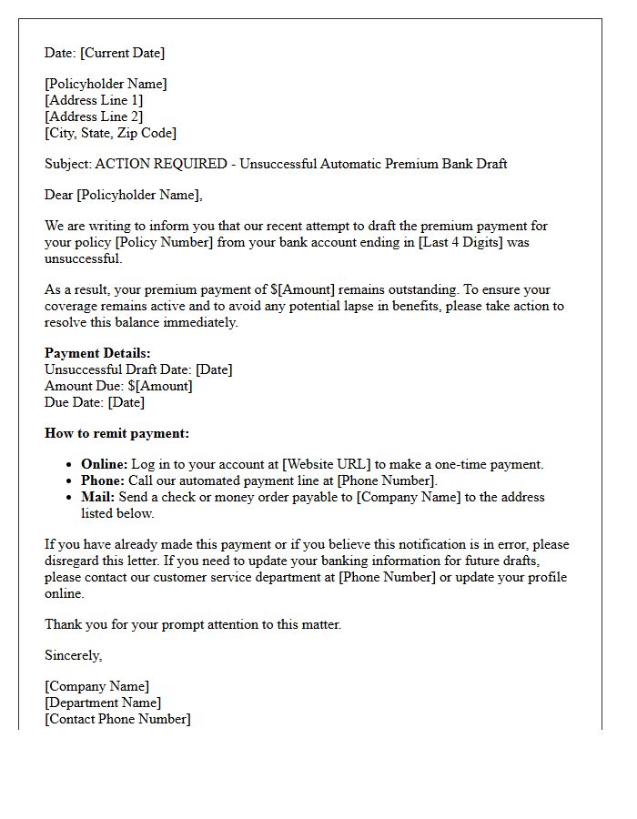 Action Required Letter for Unsuccessful Automatic Premium Bank Draft