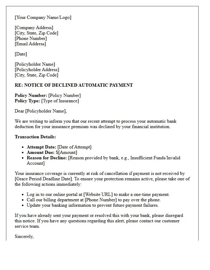 Letter of Alert Regarding Declined Automatic Bank Deduction for Insurance Policy