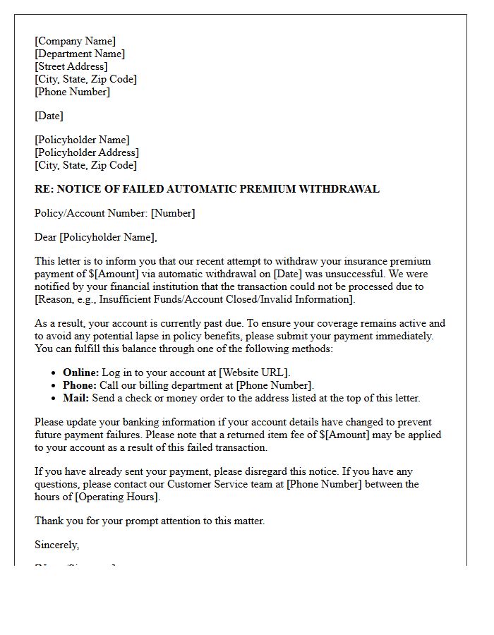 Official Letter of Notice for Failed Automatic Premium Withdrawal