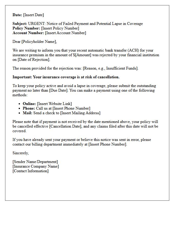 Insurance Coverage Warning Letter for Rejected Automatic Bank Transfer