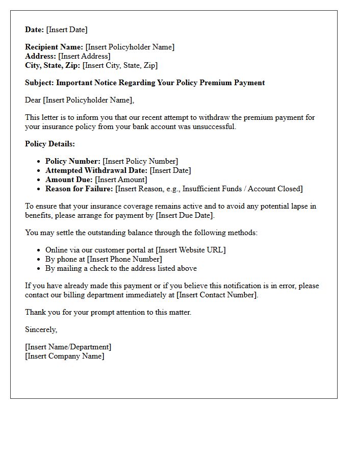 Letter of Information on Failed Bank Withdrawal for Policy Premium