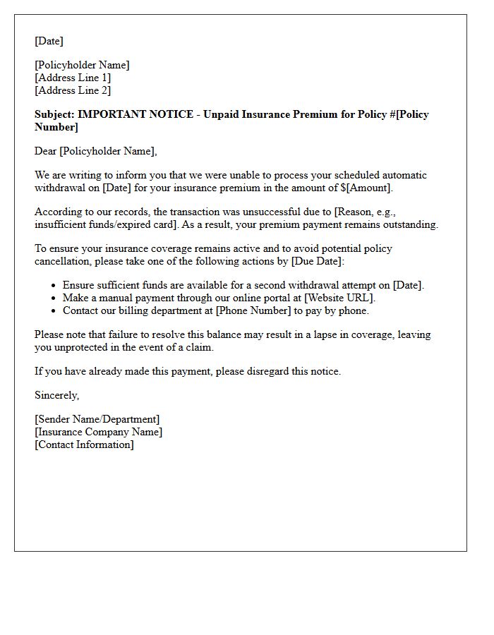 Important Notice Letter for Unpaid Insurance Premium via Automatic Withdrawal