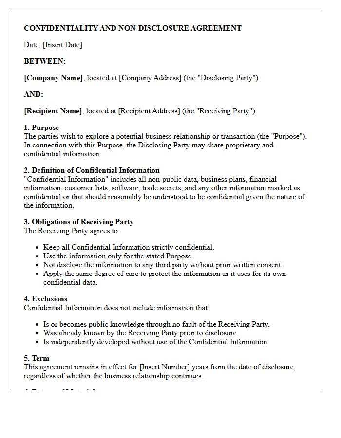 Confidentiality and Non-Disclosure Letter