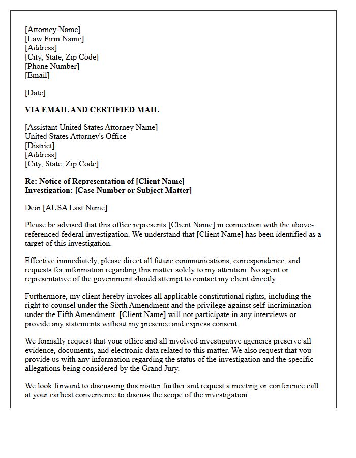 Letter of Representation for a Target of a Federal Investigation