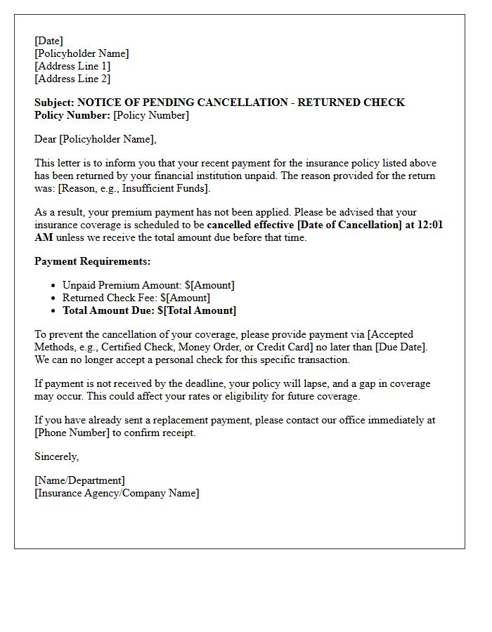 Insurance Policy Pending Cancellation For Returned Check Letter