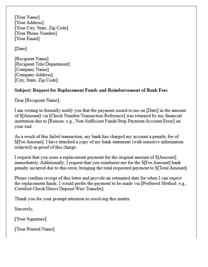 Request For Replacement Funds And Bank Penalty Fee Letter