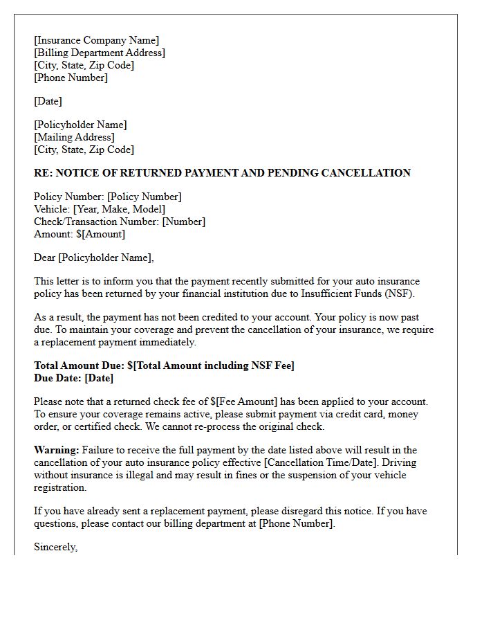 Auto Insurance Insufficient Funds Check Return Letter