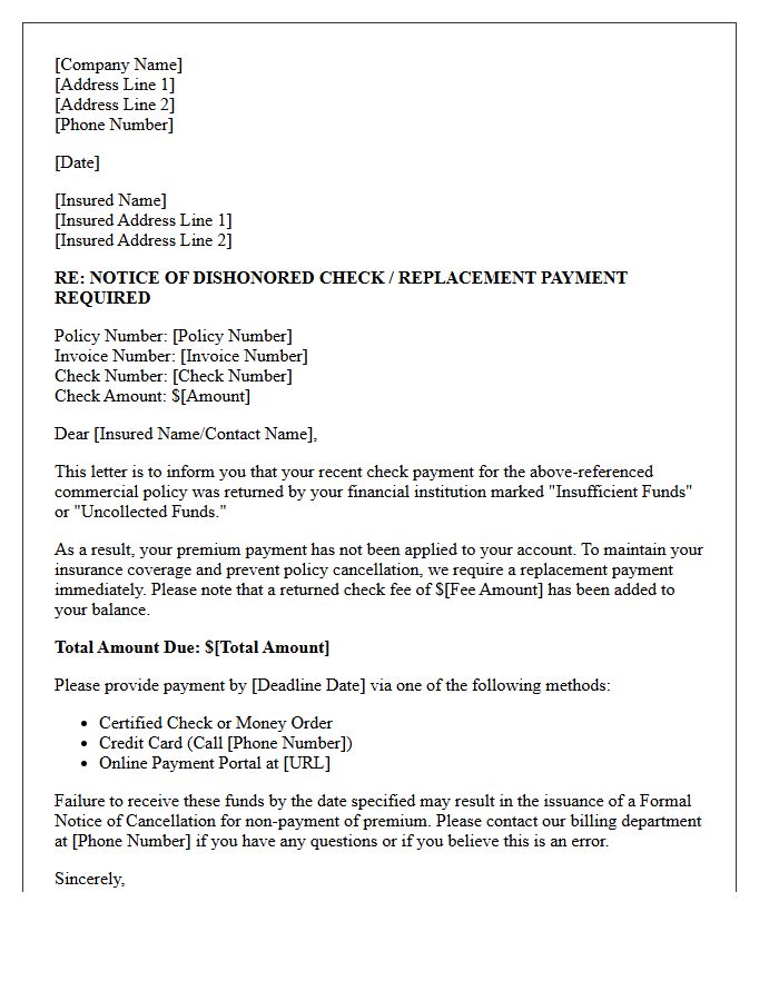 Commercial Policy Premium Bounced Check Notification Letter