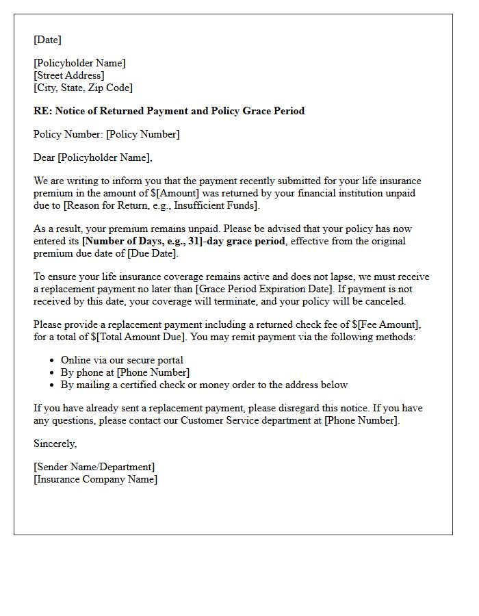 Life Insurance Grace Period And Returned Check Letter