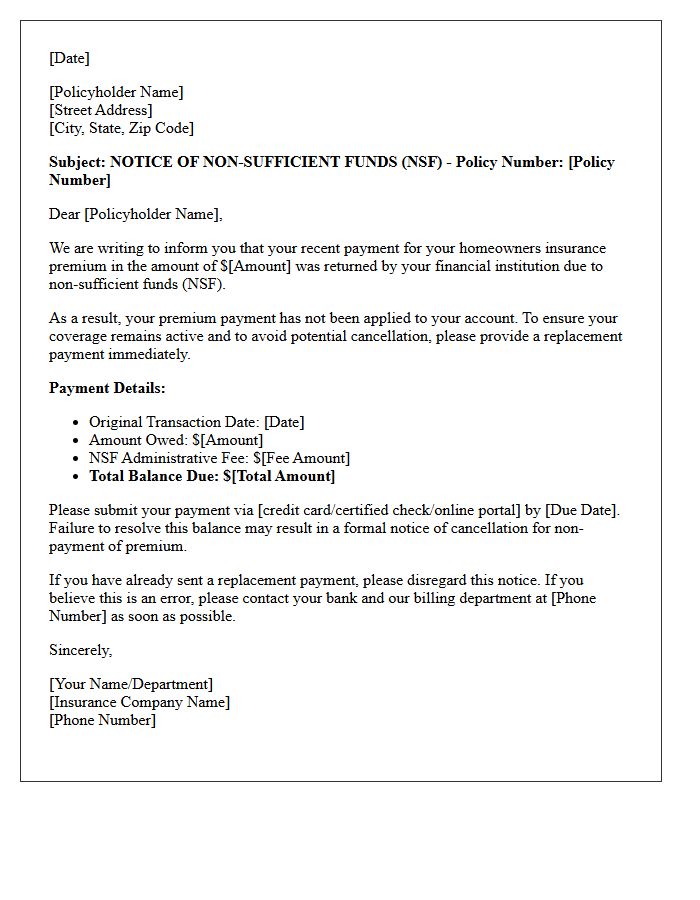 Homeowners Insurance Non-Sufficient Funds Warning Letter