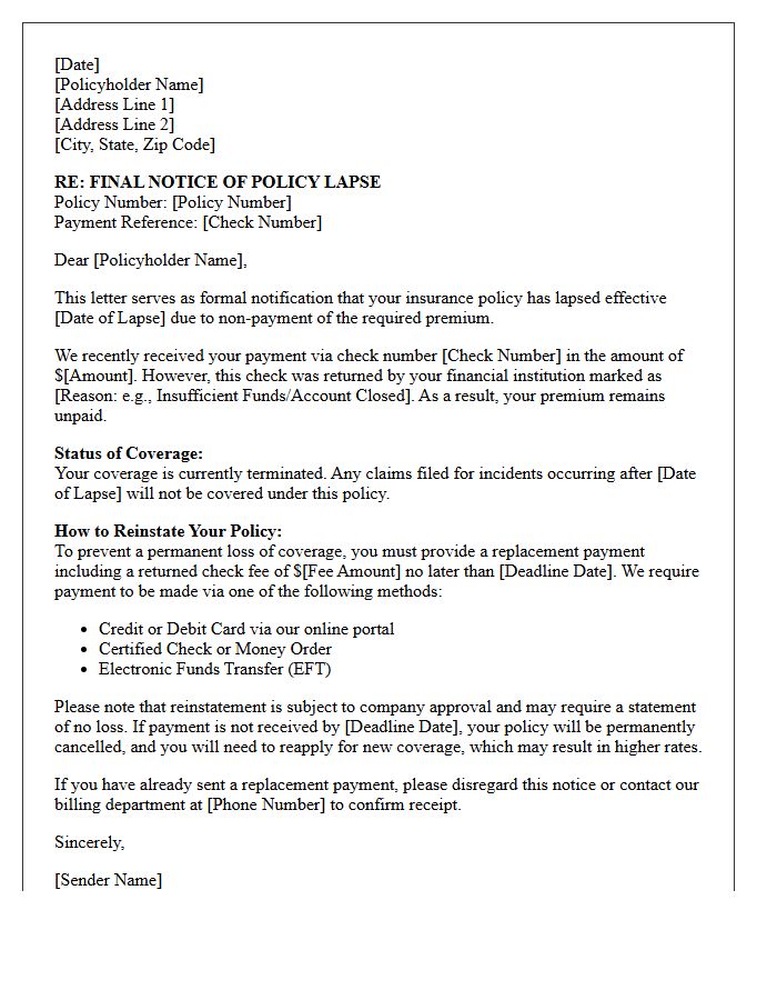 Final Notice Of Policy Lapse Due To Unpaid Check Letter